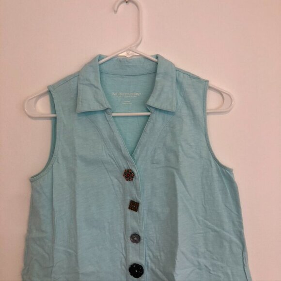 SOFT SURROUNDINGS Danielle Button Tank Aqua Blue Sleeveless 100% Cotton Top XS - Picture 7 of 14